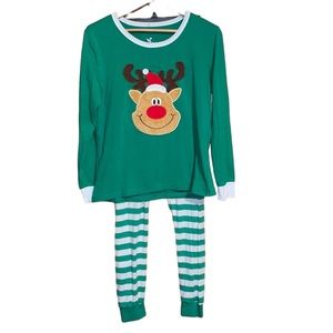 •CORA BEE•GREEN/WHITE STRIPED RUDOLPH MATCHING PAJAMA SET... MEDIUM (LIKE NEW)